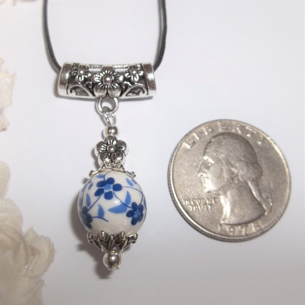 Necklace, Pendant, Blue Necklace, Flower Necklace, Blue Flower Necklace, 8011 - Picture 2 of 9